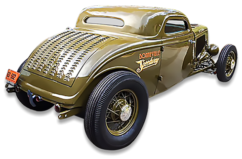 1933 Ford chopped 3 window coupe with a true Bonneville Salt Flats Racer theme. Designed and built by Mike Scheller of Harbor Hot Rods, Florida.